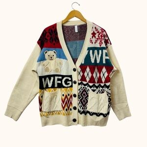 WFG Colorful Patchwork Knit Cardigan Unisex Appliqué Graphic Artsy Boho Sweater